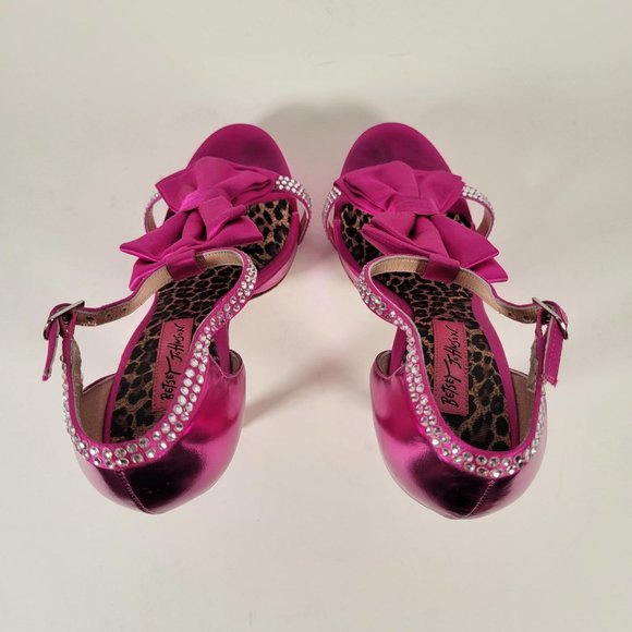 Betsey Johnson Barbiecore Pink Satin Rhinestones Bow Stiletto Shoes Women Sz  7 - Picture 6 of 13